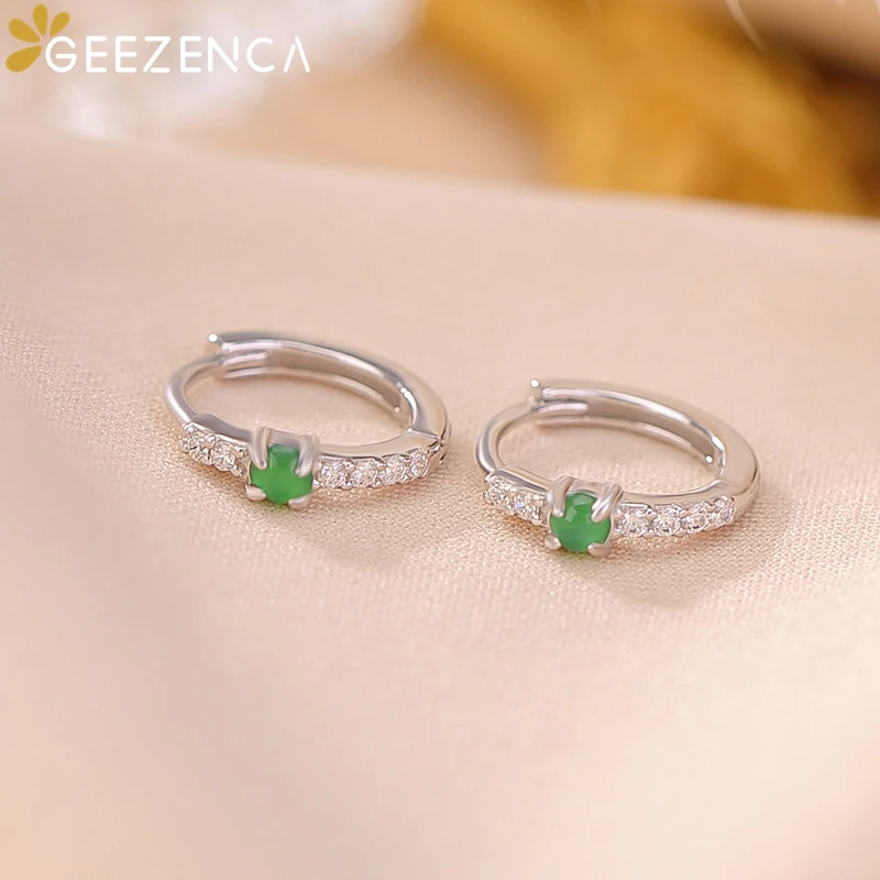 GEEZENCA Natural Jadeite 925 Sterling Silver Zircon Small Hoop Earrings For Women Green Jade Stone Chic Earring 2024 New Gift