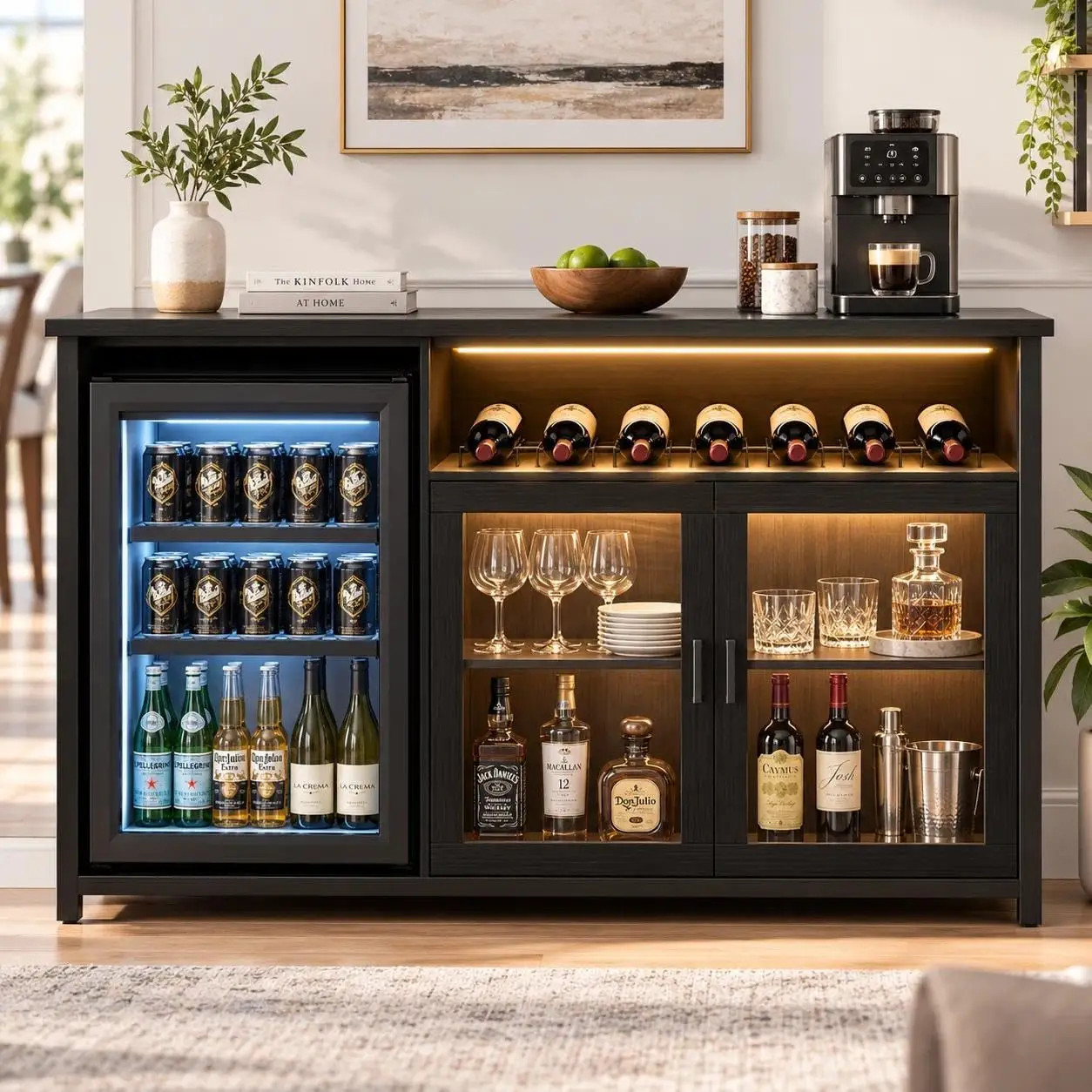 Wine Bar Cabinet with Mini Fridge Space, Power Outlet, LED Lights