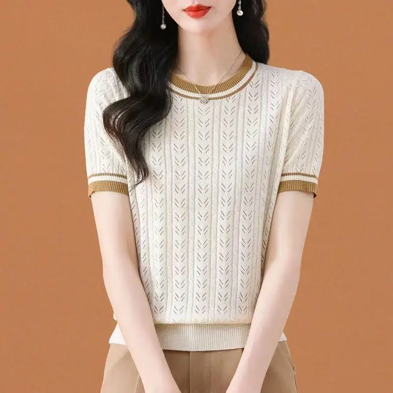 New Korean Women Sweater Summer Short Sleeve Thin hollow O-neck Knit Lady Casual Korean Pullovers Bottoming Shirt Jumpers Ladies