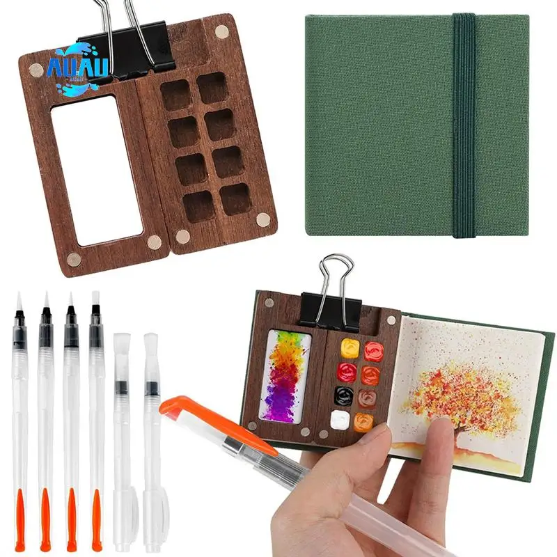 

Мини-набор акварельных красок AUAU-Mini — портативный дорожный набор с деревянной палитрой, альбом для рисования, кисти и зажимами для художников, художников