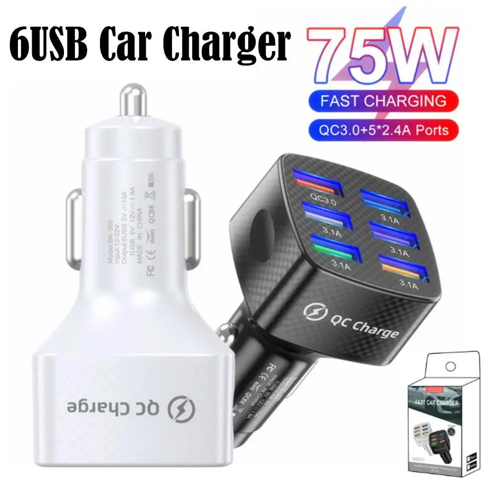 

75W 6 USB Car Charger Fast Charging 12V/24V Phone Charger Adapter Car Cigarette Lighter Splitter For iPhone 13 14
