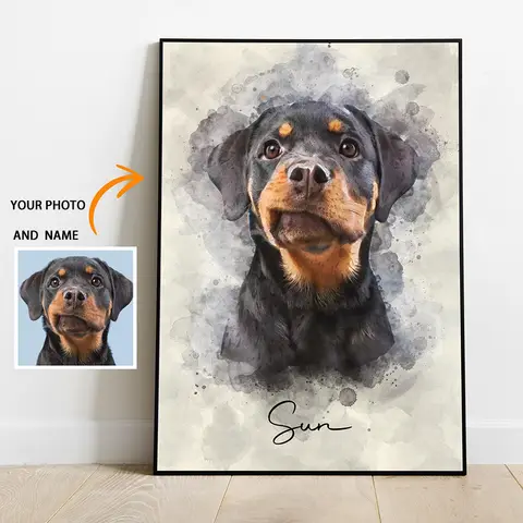 Custom Pet Watercolor Canvas Poster Upload Pet Photo Add Custom Name Personalized Pet Portrait Wall Art Home Decor Unframed