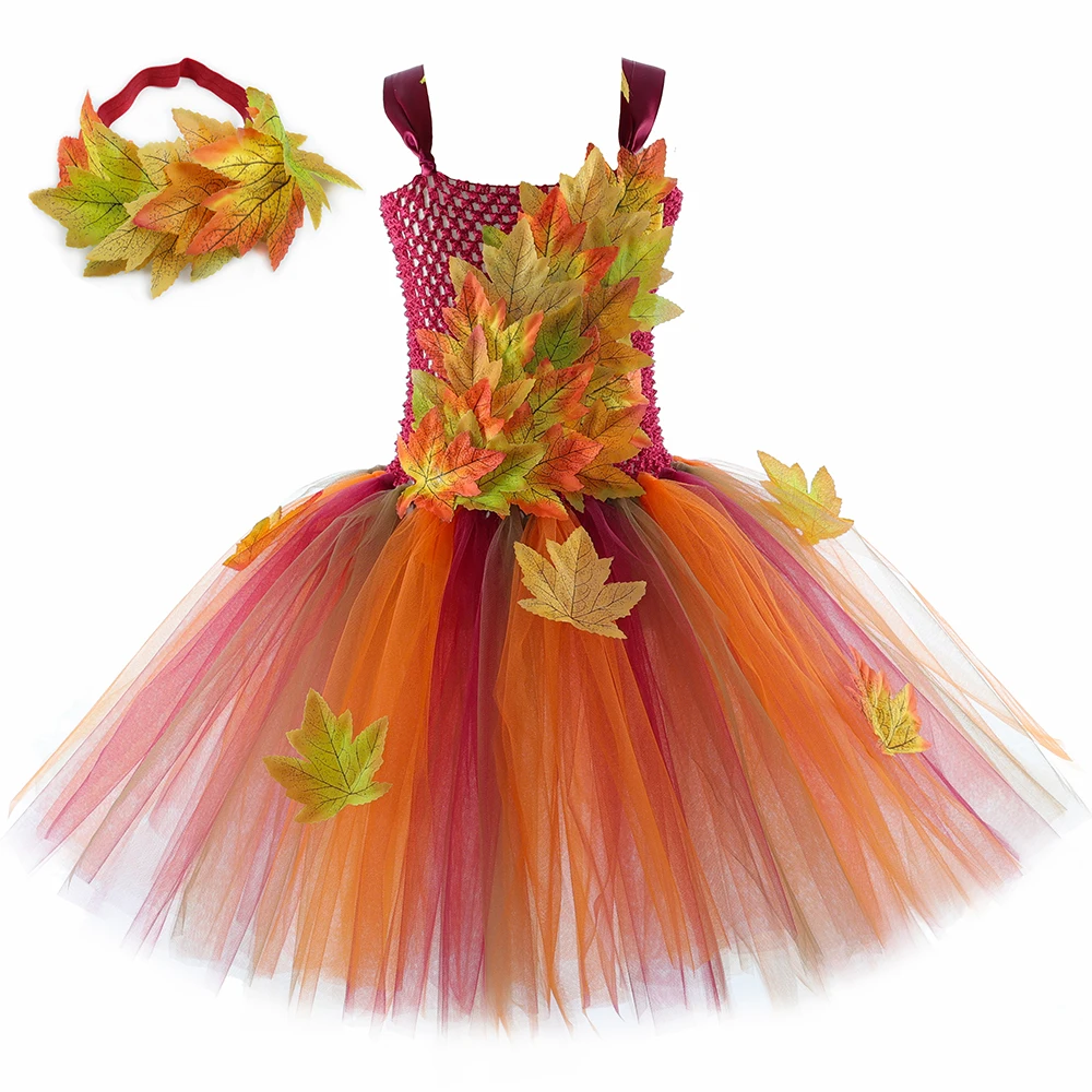 Fairy Costume for Girls Forest Woodland Autumn Fairy Tutu Dress Up Maple Leaves Kids Halloween Thanksgiving Tulle Princess Dress