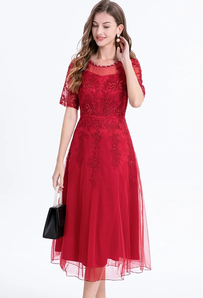 

Formal Party Elegant Dress for Women 2024 Summer Fashion Lady Sexy Tulle Mesh Beading Embroidery Red Purple Dress Female 4xl