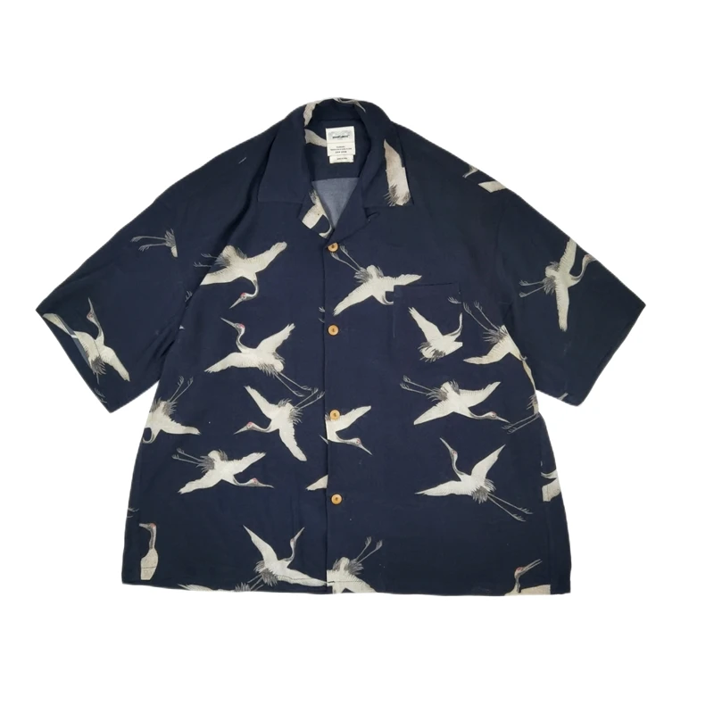 Crane Red-crowned Crane Short Sleeve Hawaiian Cuban Collar Vintage Loose Summer Silhouette Shirt