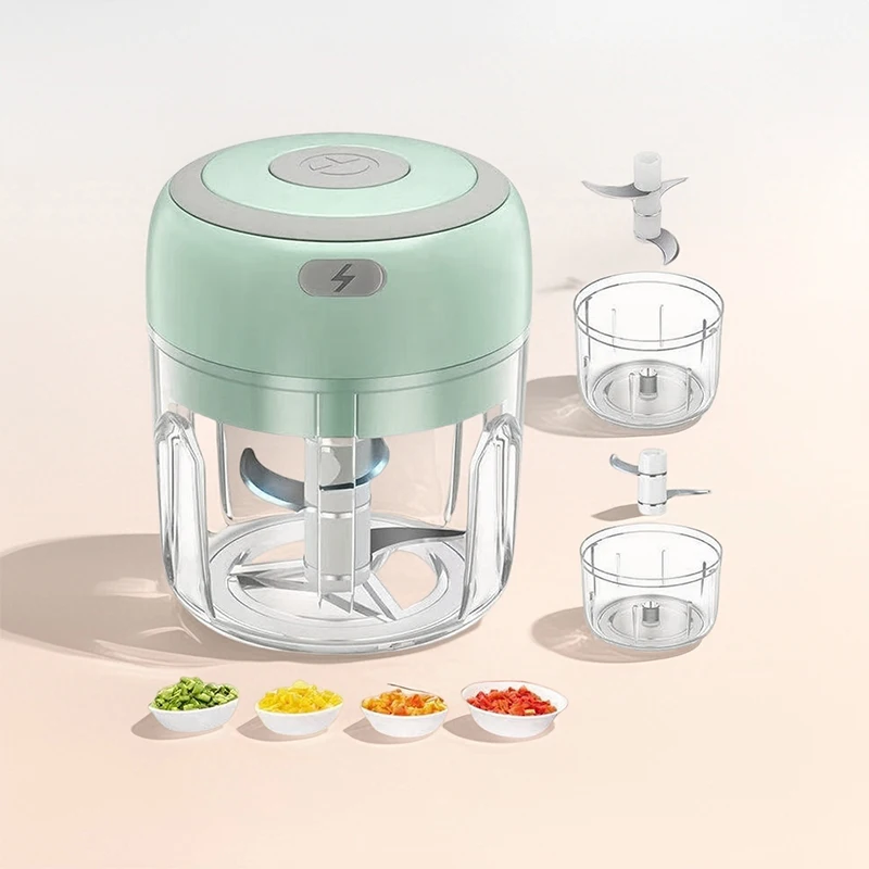 Electric Garlic Chopper, 304 Stainless Steel Blades, BPA-Free 250ml/100ml Container, One-Touch Mincing for Ginger, Herbs, Nuts & Chili – Dishwasher Safe, Compact Kitchen Gadget