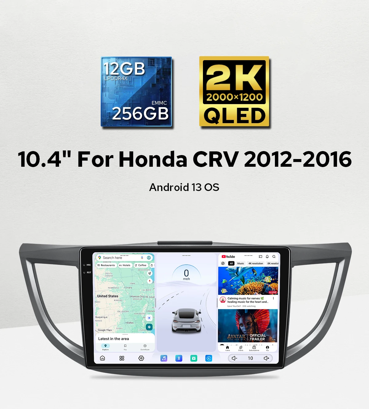 Unidade principal do reprodutor de dvd do carro de 10.4 polegadas de última geração 2000*1200 12gb 256gb para honda crv CR-V 2012 -2016 com rádio fm/am tela dividida