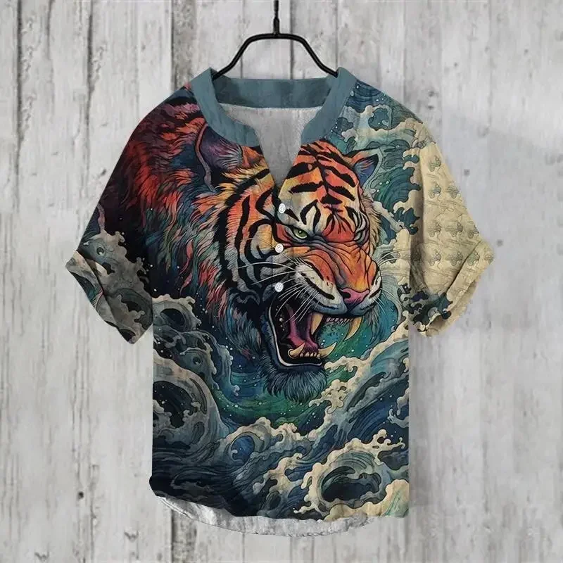 

Men's summer animal image leisure luxury social fashion print Hawaiian short sleeved shirt elegant retro clothing