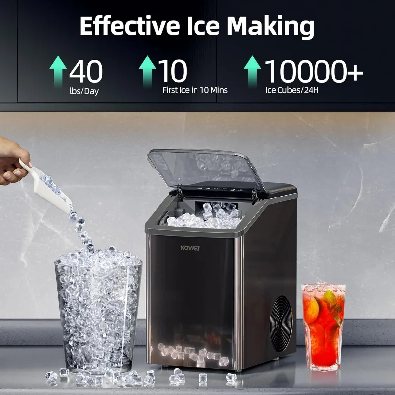 Nugget Ice Maker Countertop, Self-Cleaning with Drainpipe, Crushed Pellet Ice Makers for Home Kitchen Party, Black Stainless