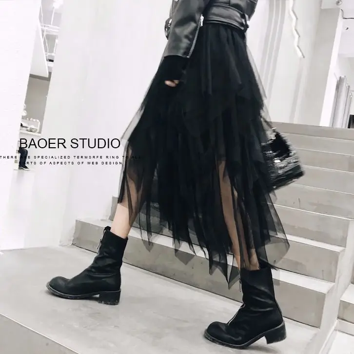 Mesh Half Skirt High Waist Irregular Word Yarn Half Skirt Women's Spring and Autumn New Mesh Mid length Small Style