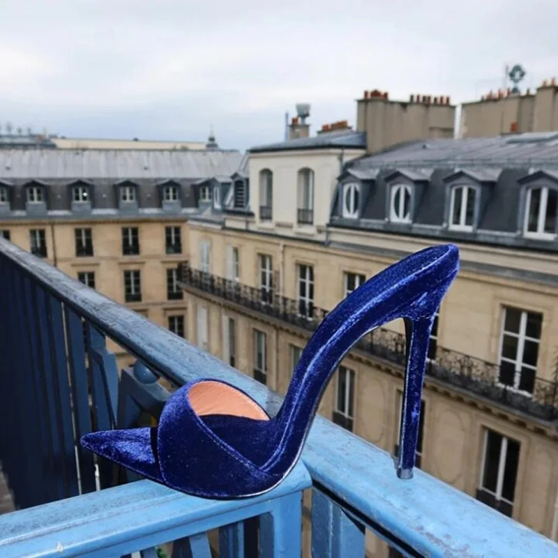 

Deep Blue Velvet Pointy Toe High Heel Mules Shoes Slip On Cover Heels Summer Women Slippers Open Toe Casual outside Shoes