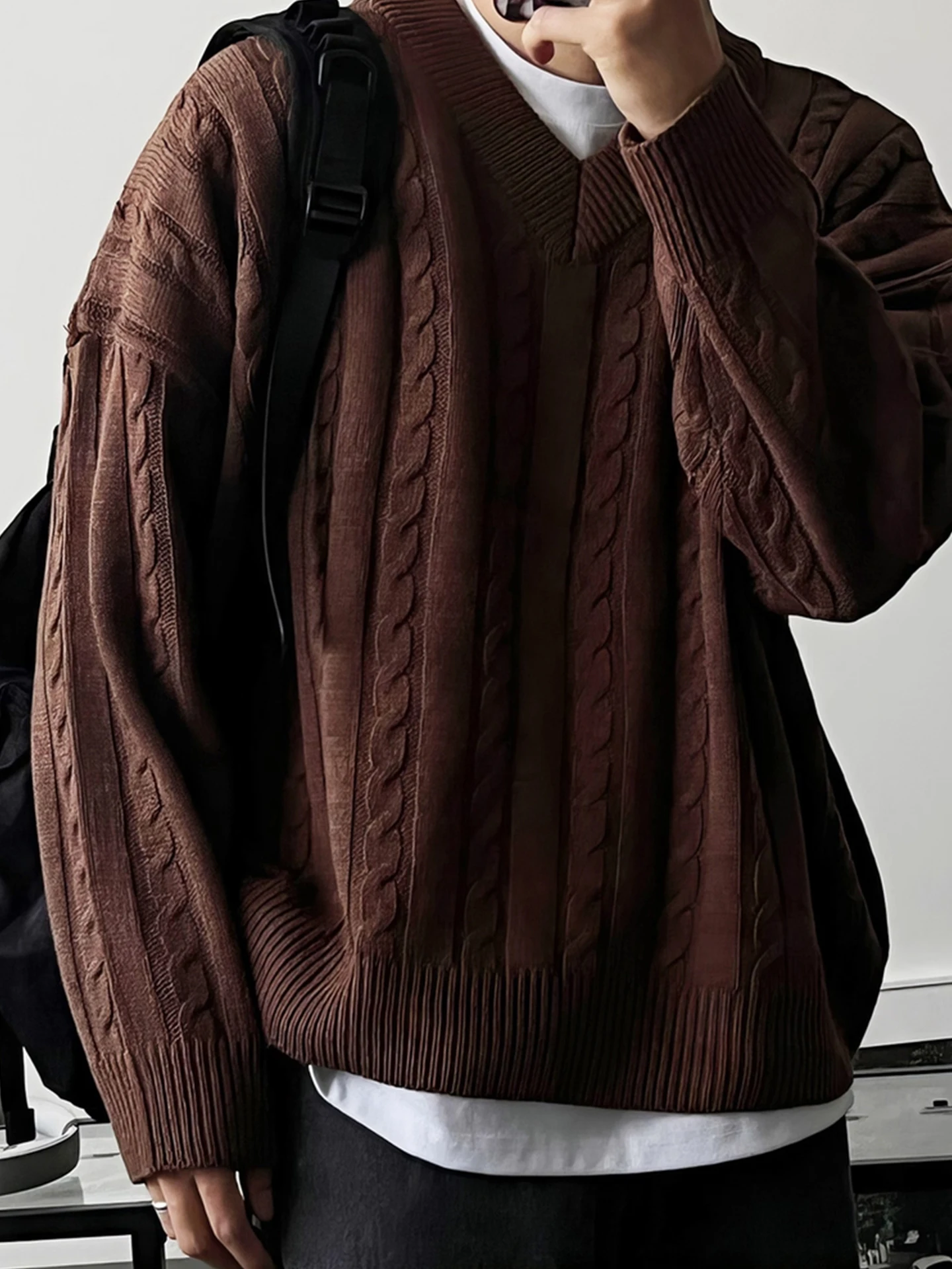 

Мужской повседневный пуловер из льняного трикотажа с V-образным вырезом, свободного кроя, из полиэфирного волокна, с длинным рукавом, осенний, модный, базовый, в стиле кэжуал