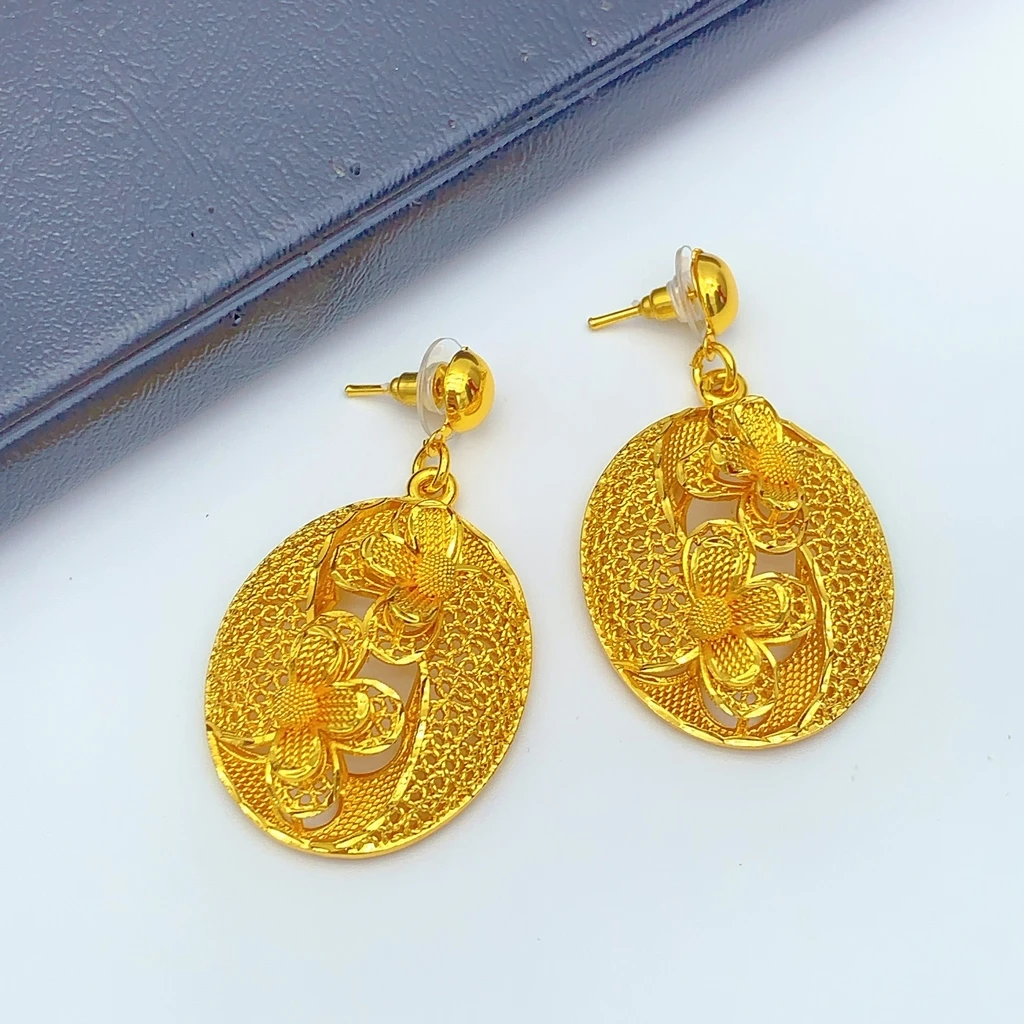 Luxuriöses Äthiopisches 24k Vergoldetes Blumen-Halsketten- und Ohrring-Set für Frauen Indisches Dubai Brautschmuck-Set Hochzeitsgeschenk – Detail 4