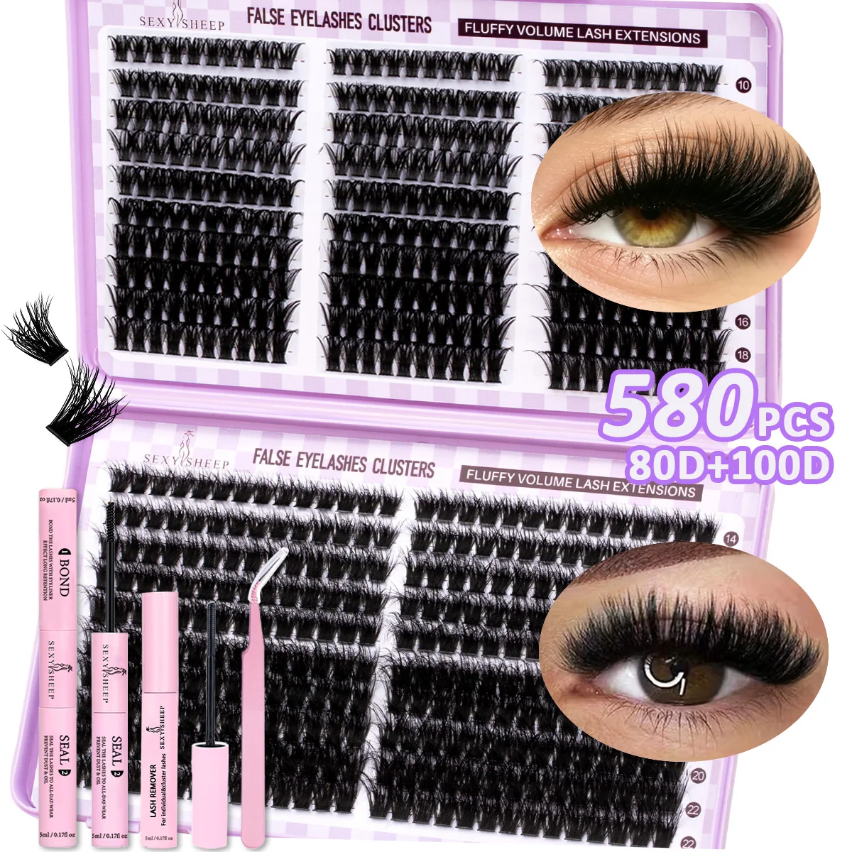 DIY Wimpernverlängerungs-Set Dicke Cluster-Wimpern mit Kleber und Versiegelung Flauschige Einzelwimpern Gemischtes Volumen Wiederverwendbares Make-up – Detail 1