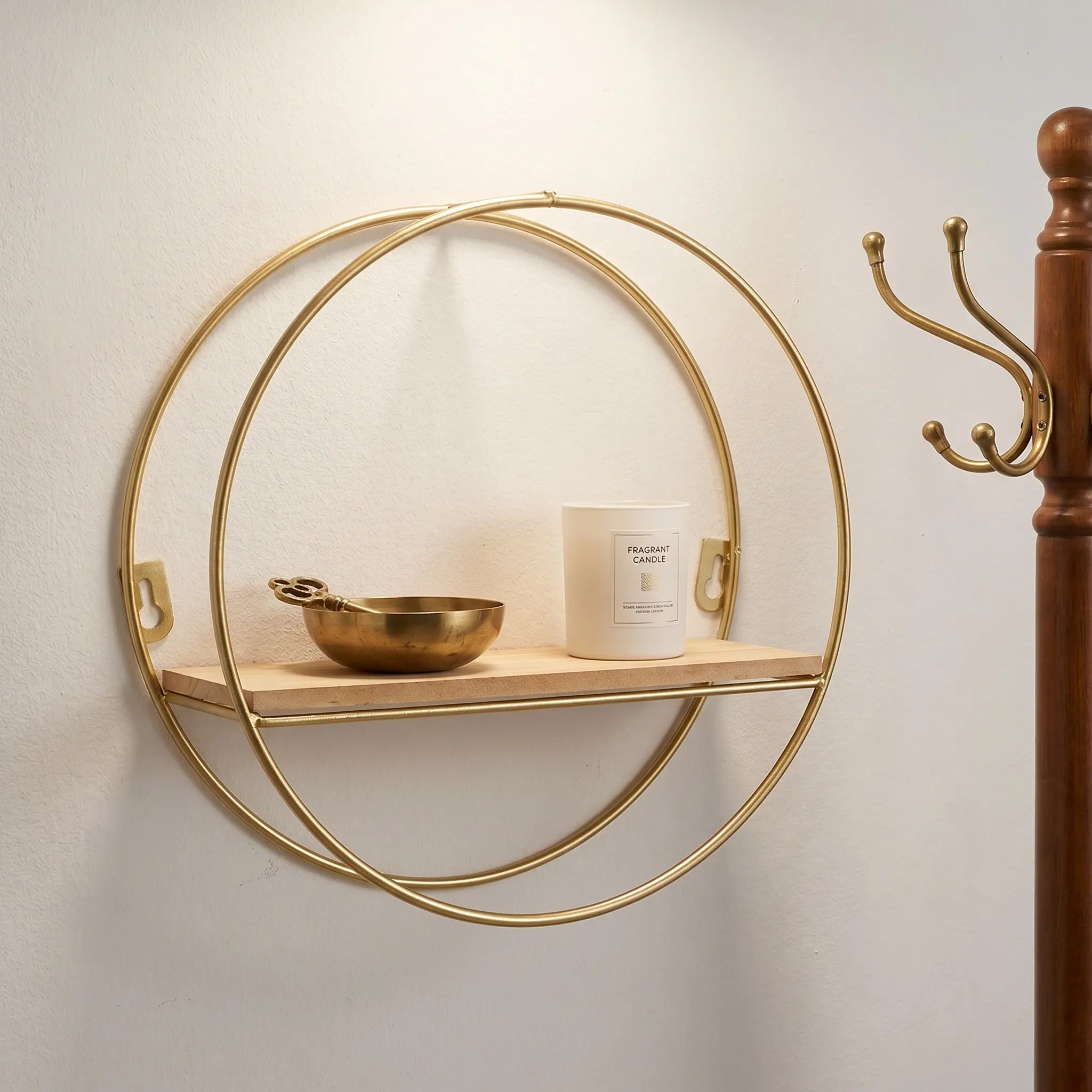 Round Shape Floating Shelf Nordic Design Wood and Iron Wall Mounted Decorative Storage Rack for Photo Books Magazines Display