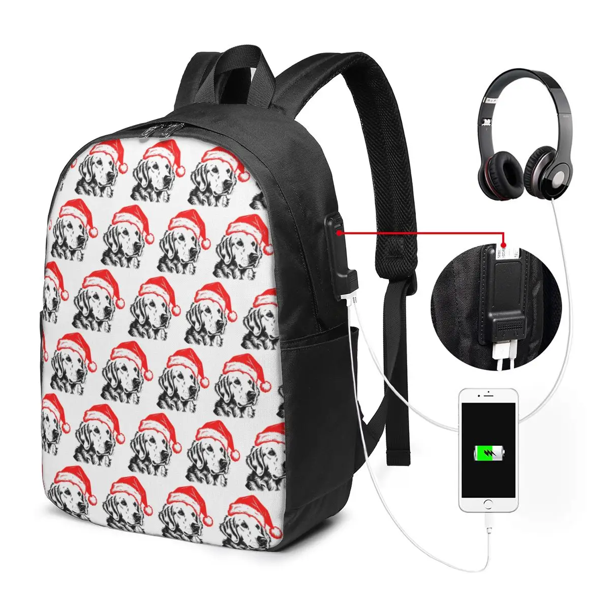 Golden Retriever Wearing Santa Hat Backpack Travel Notebook Bag Computer College Student School Bag Laptop Shoulder Bags