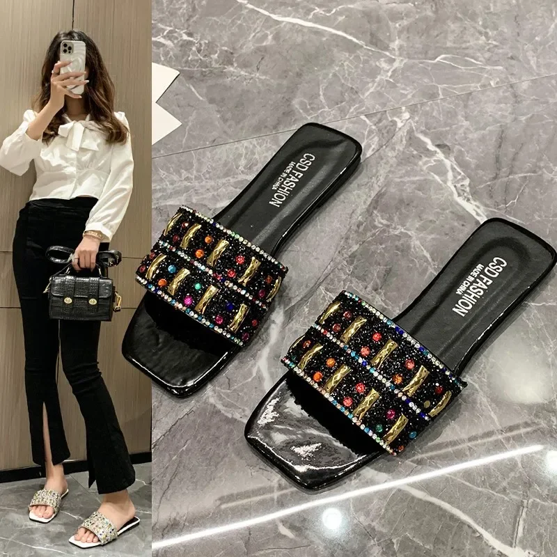 

Slippers for Women Shiny Rhinestone Sandals Women Outdoor Beach Casual Shoes Sexy Fashion Big Size Flat Shoes Sandalias De Mujer