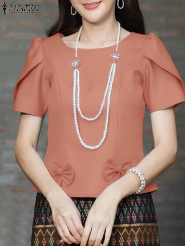 2025 ZANZEA Summer Blouses Women Elegant Solid Work OL Shirts Casual O Neck Short Sleeve Slim Fit Blusas Fashion Holiday Tops