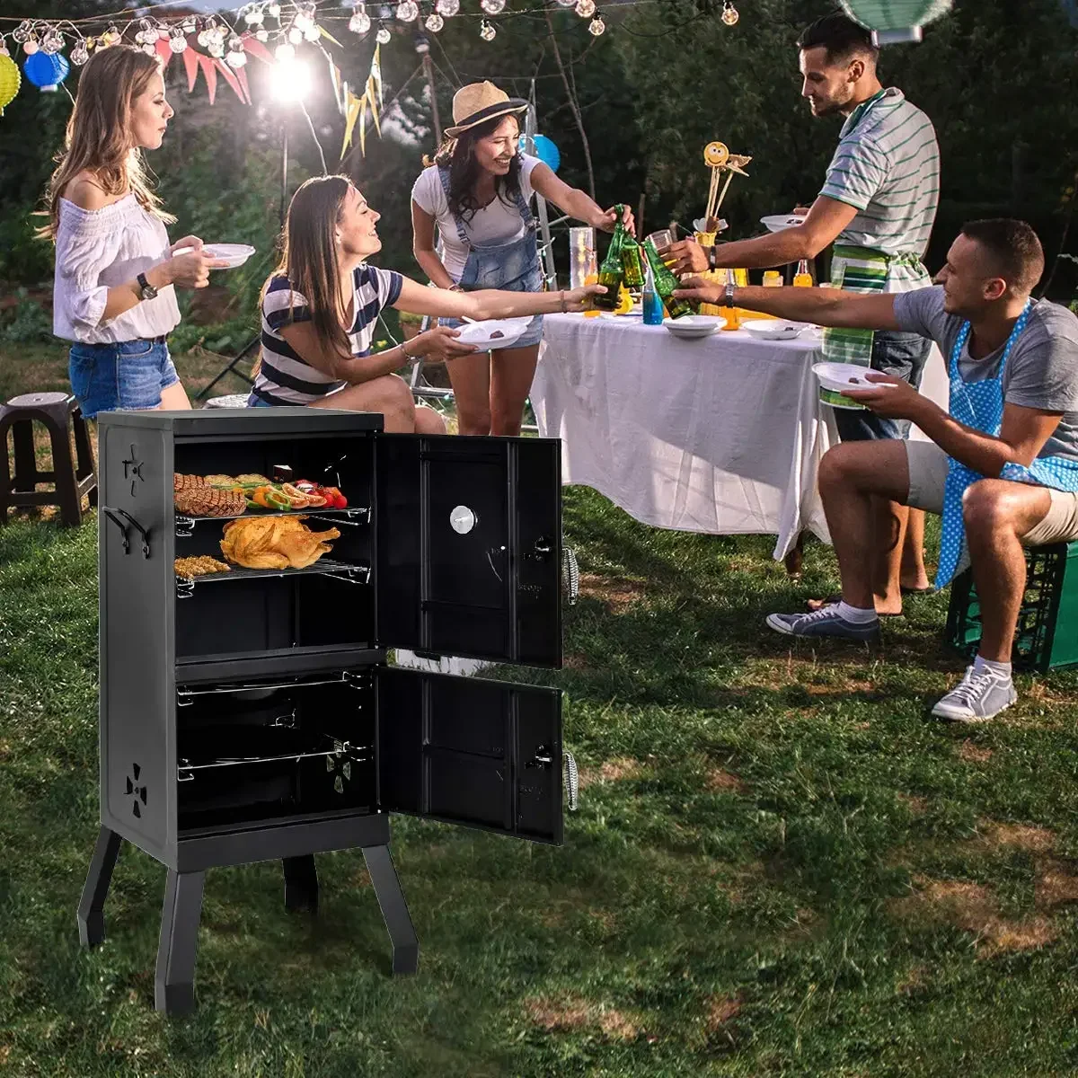 2 Layer Steel Vertical Meat Bbq Smoker Outdoor Backyard Barbecue Charcoal Smoker Grill