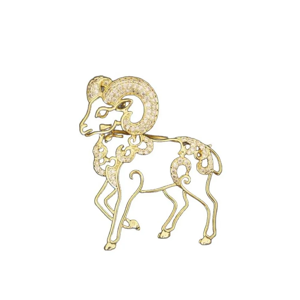 Exquisite Metal Golden Sheep Brooch Inlaid Rhinestone Gold Plated Animal Lapel Pin Colorful Crystals Curved Horns