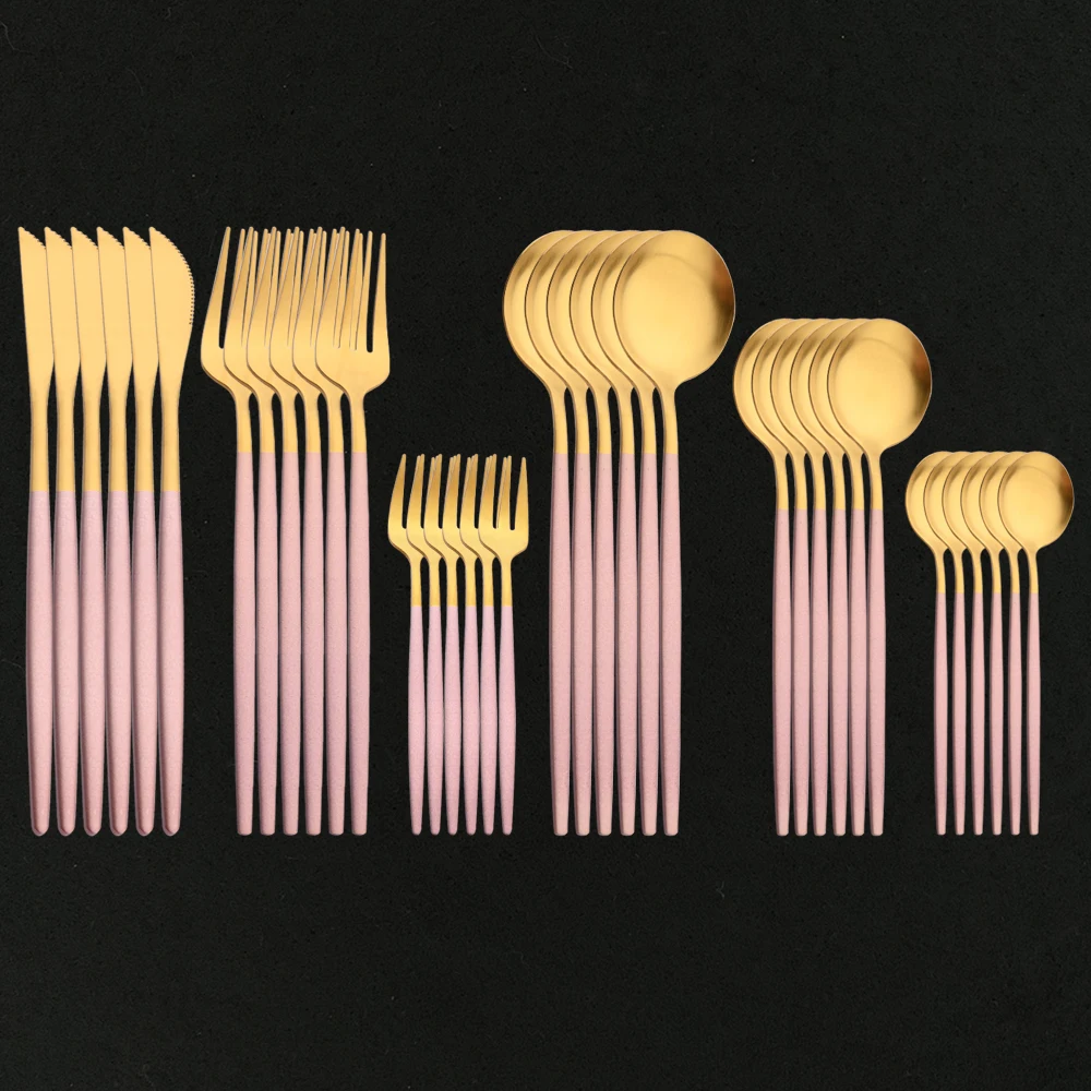 36Pcs Pink Gold Matte Dinnerware Set Stainless Steel Cutlery Set Dinner Knife Fork Tea Spoon Kitchen Tableware Silverware Set