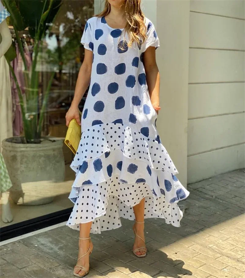 Elegant Polka Dot Print Multi-layer Patchwork Hem Dresses Side Pocket Dress Summer O Neck Pullover Short Sleeve Female Long Gown