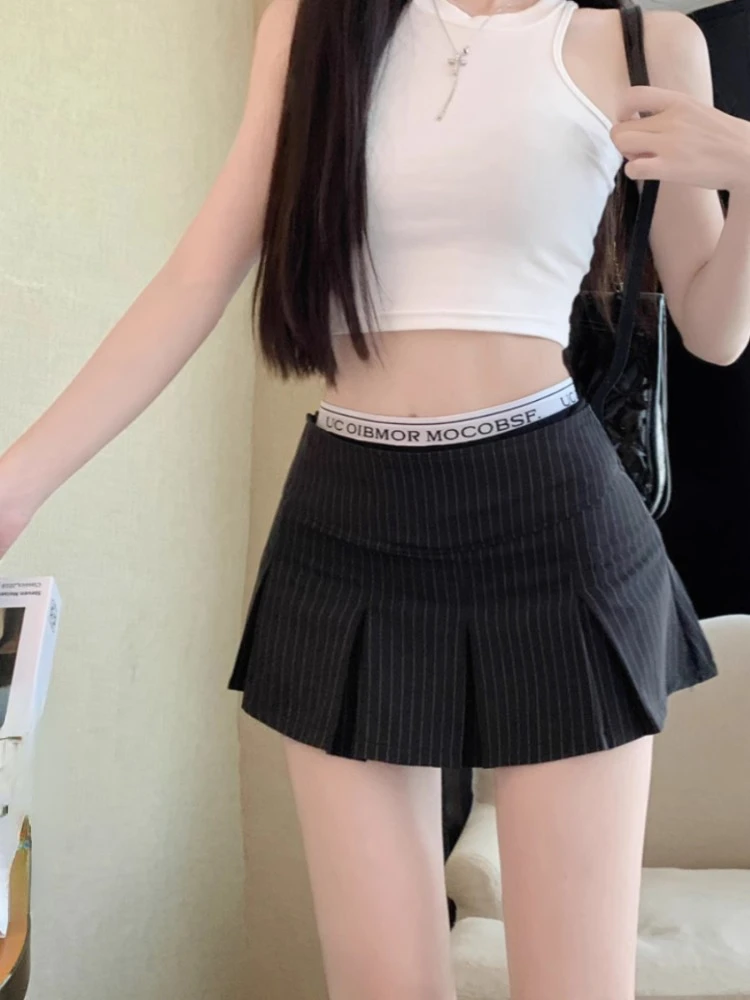 Korobov Pleated Skirts Striped Women Skirt Casual Letter Print Patchwork High Waist A Line Mini Skirt Y2k Korean Fashion Faldas