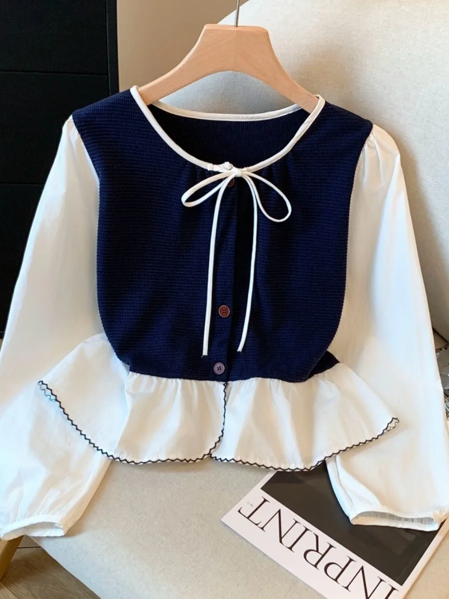 Damen ort Svel Collared Irt Cotton Blend Elastic Fabric Long Sve Tie Waist Color Blo Design Early Autumn Top