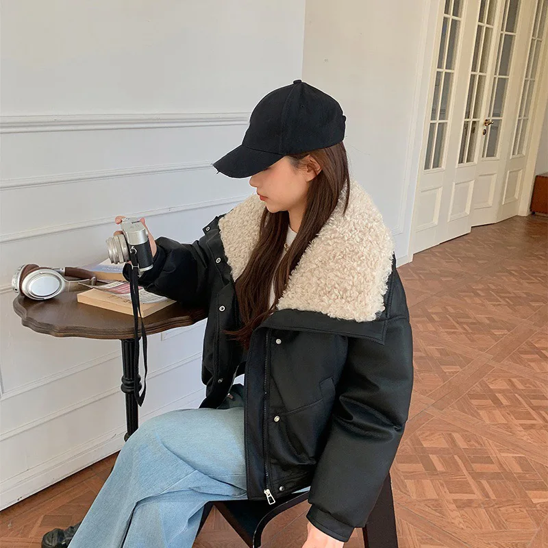 Women Faux Leather Padded Jacket Autumn Winter Long Sleeved Fleece Collar Outerwear Solid Color Warm Casual Short Cotton Coat