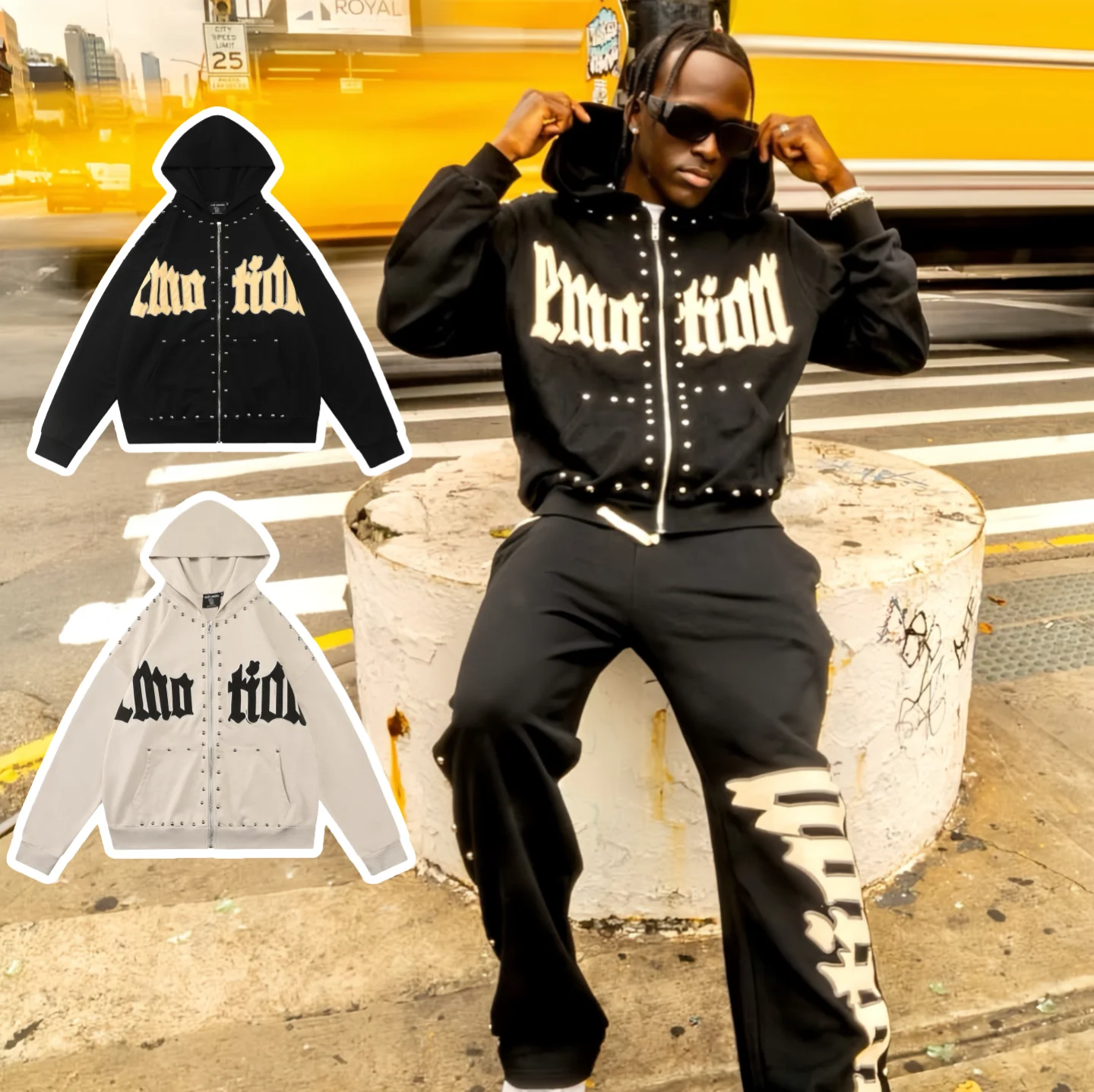 

Ретро-худи в американском уличном стиле с заклепками и вышивкой, модный повседневный свитшот свободного кроя с длинными рукавами, на молнии, укороченный