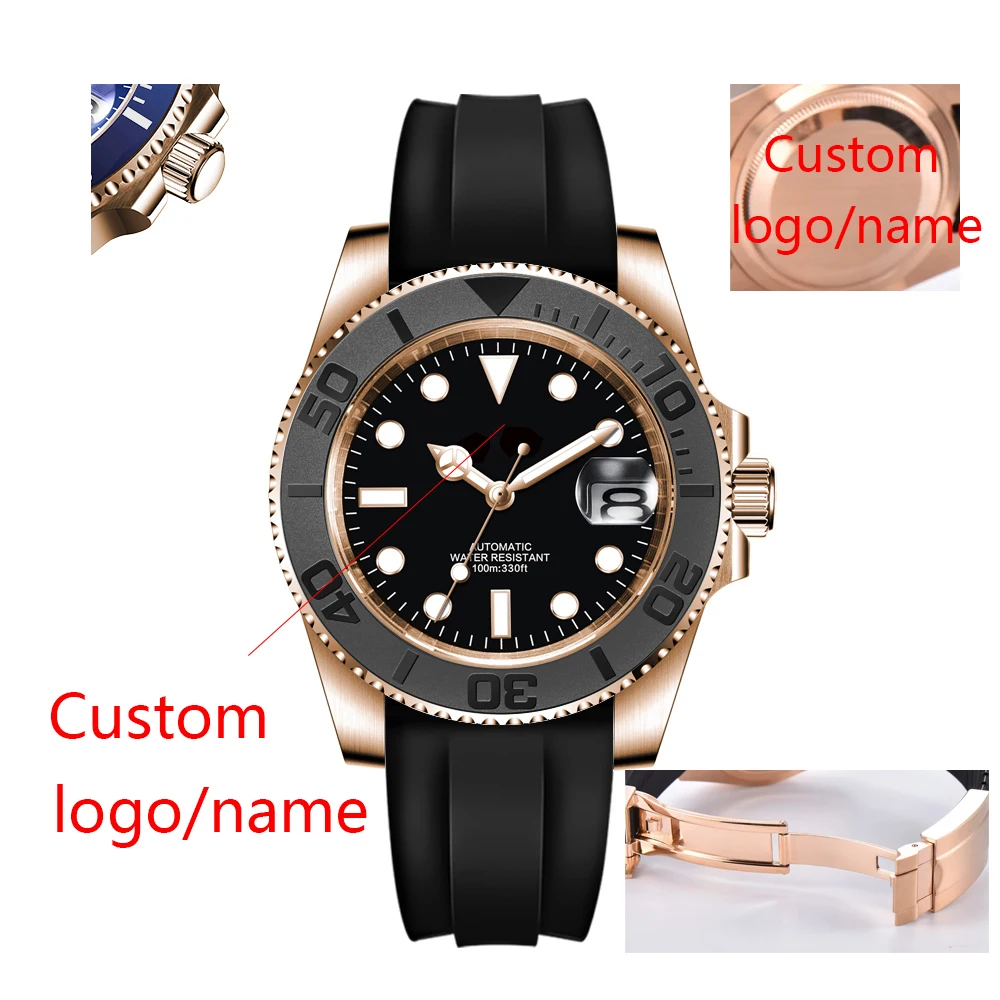 Maßgefertigte Modische Japan 24 Juwelen NH35 40mm Uhr Roségold Automatik Herrenuhr Miyota YM Gebürsteter Keramik-Lünette Gummiband
