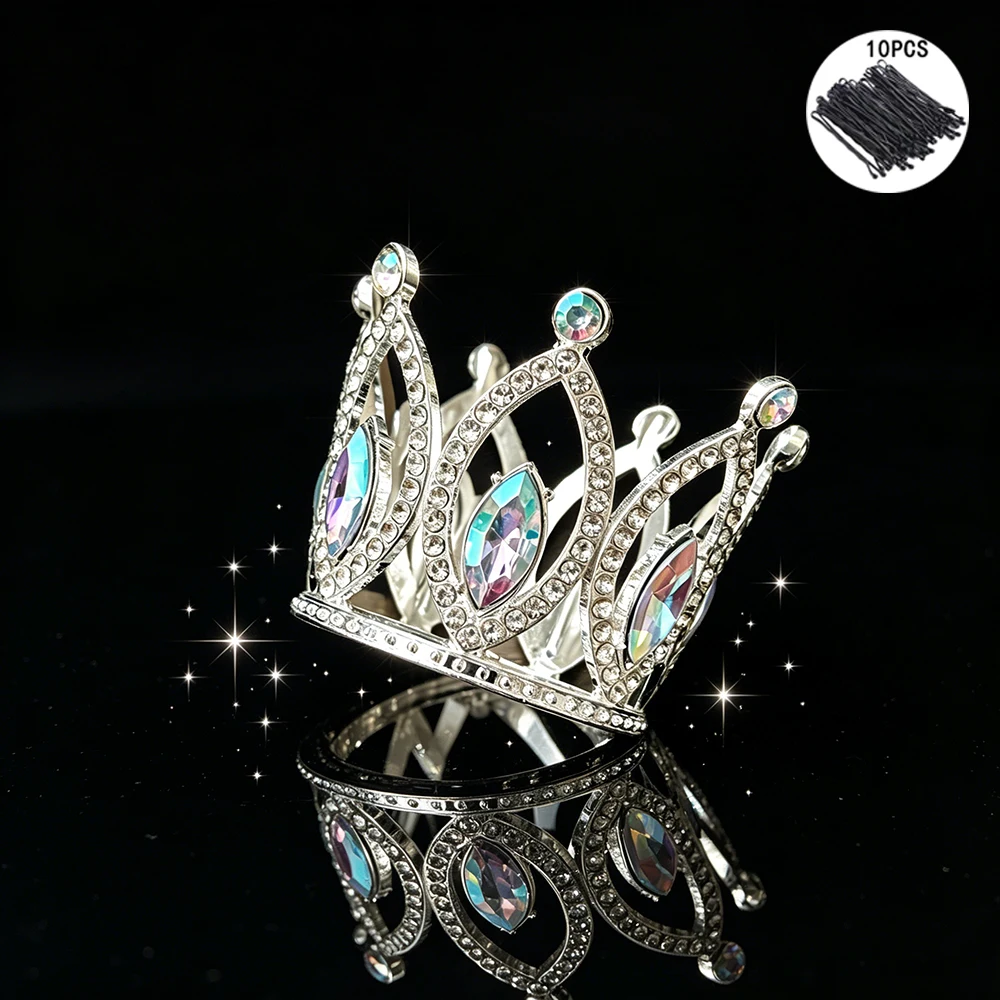 Fashion Baroque Full Round Crystal Crown Rhinestone Mini Tiara with 10Pcs Bobby Pins Elegant Royal Headpiece Cake Topper view 3