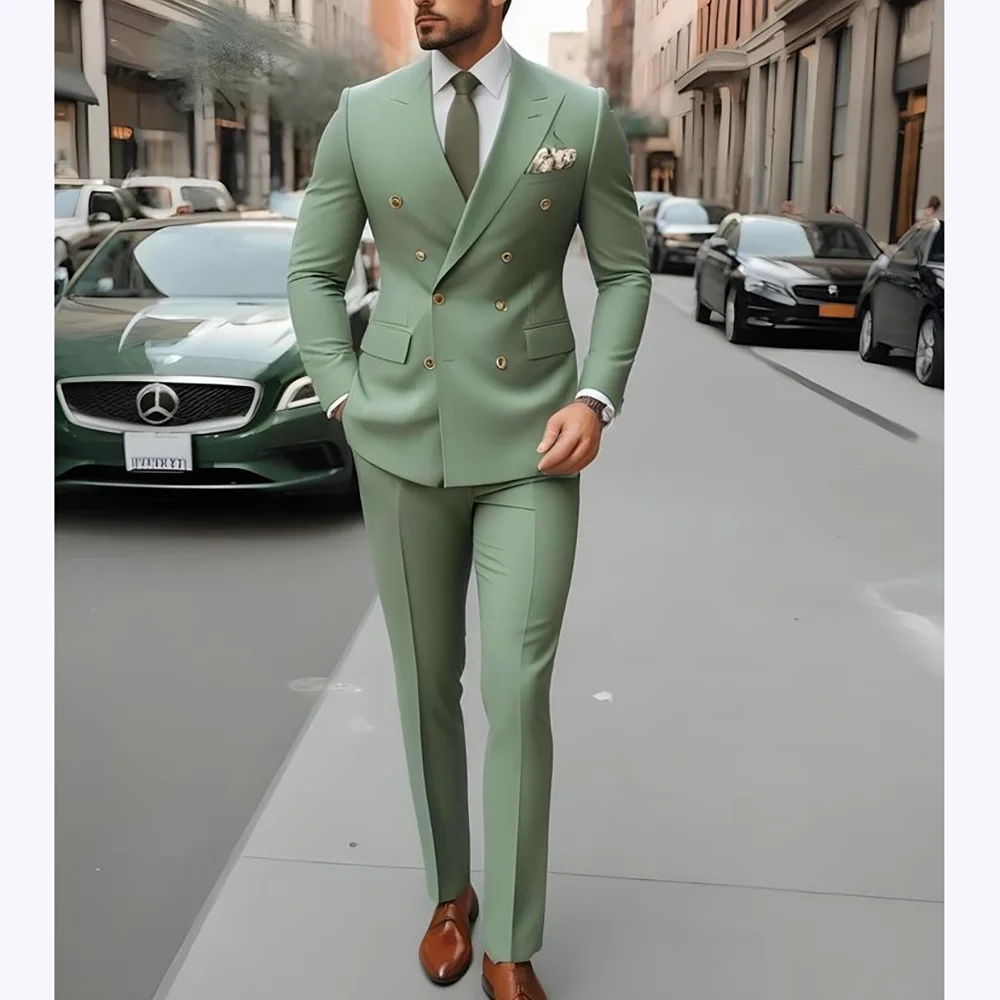 

Solid Color Suits Set 2 Piece Fashion Double Breasted Peak Lapel Daily Office Wedding Groom Business Casual Outfits Jacket Pants