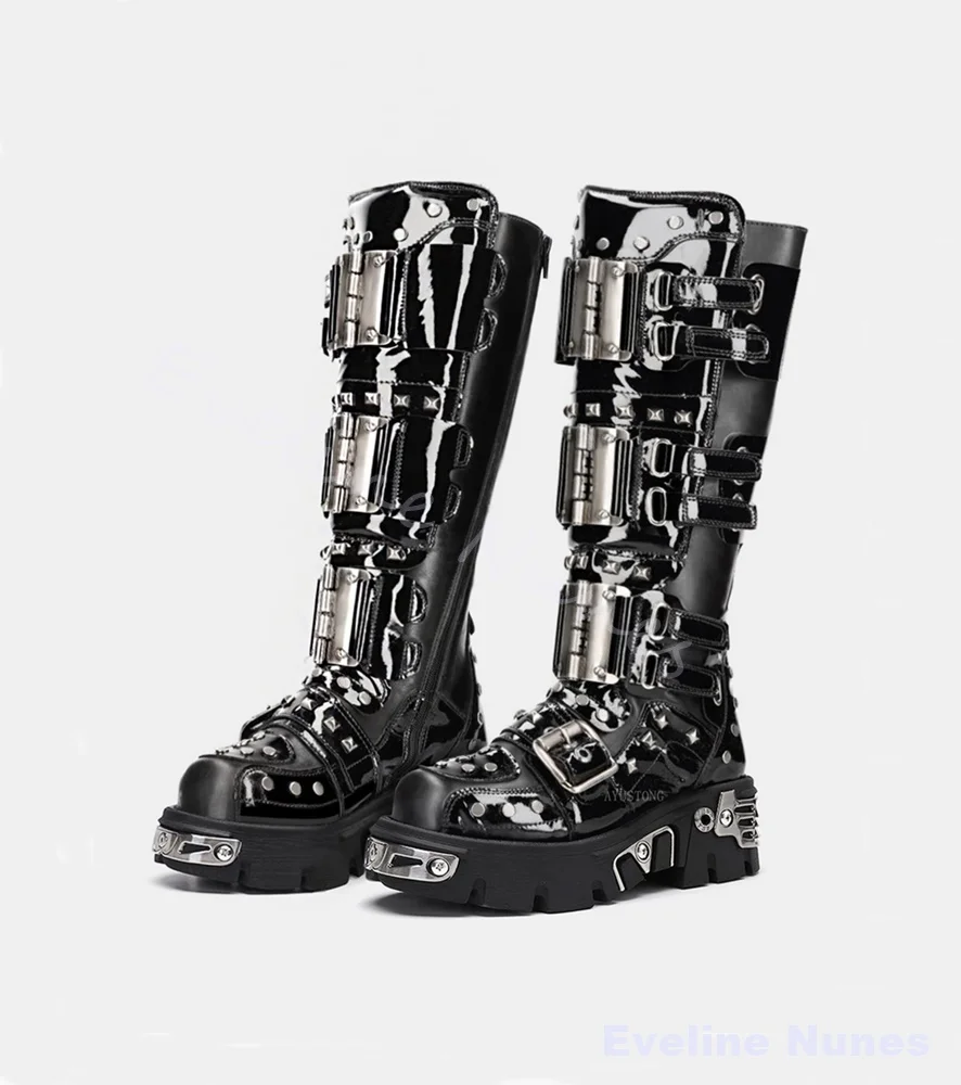 Multi Metal Buckle Straps Rivet Punk Boots Men Patent Leather Cyberpunk Goth Knee High Boots Cosplay Street Motorcycle Boots