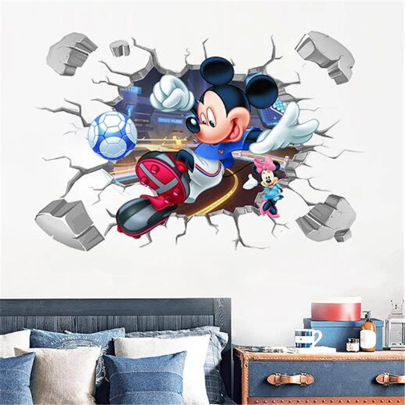 3D Broken Wall Mickey Play Football Wall Stickers For Kids Rooms Living Room Bedroom Wall Decoration Gifts For Boys Movie Poster