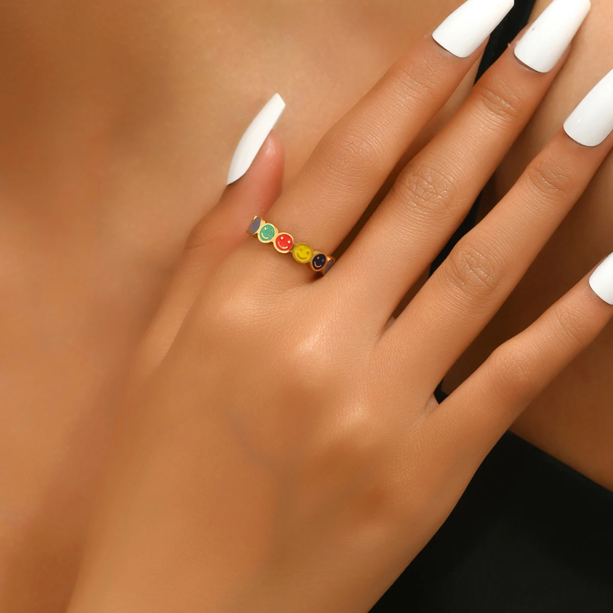 خاتم J24 Rainbow Smiling من الفولاذ المقاوم للصدأ، خاتم مفتوح عصري وأنيق للنساء، خاتم إصبع السبابة الإبداعي #3