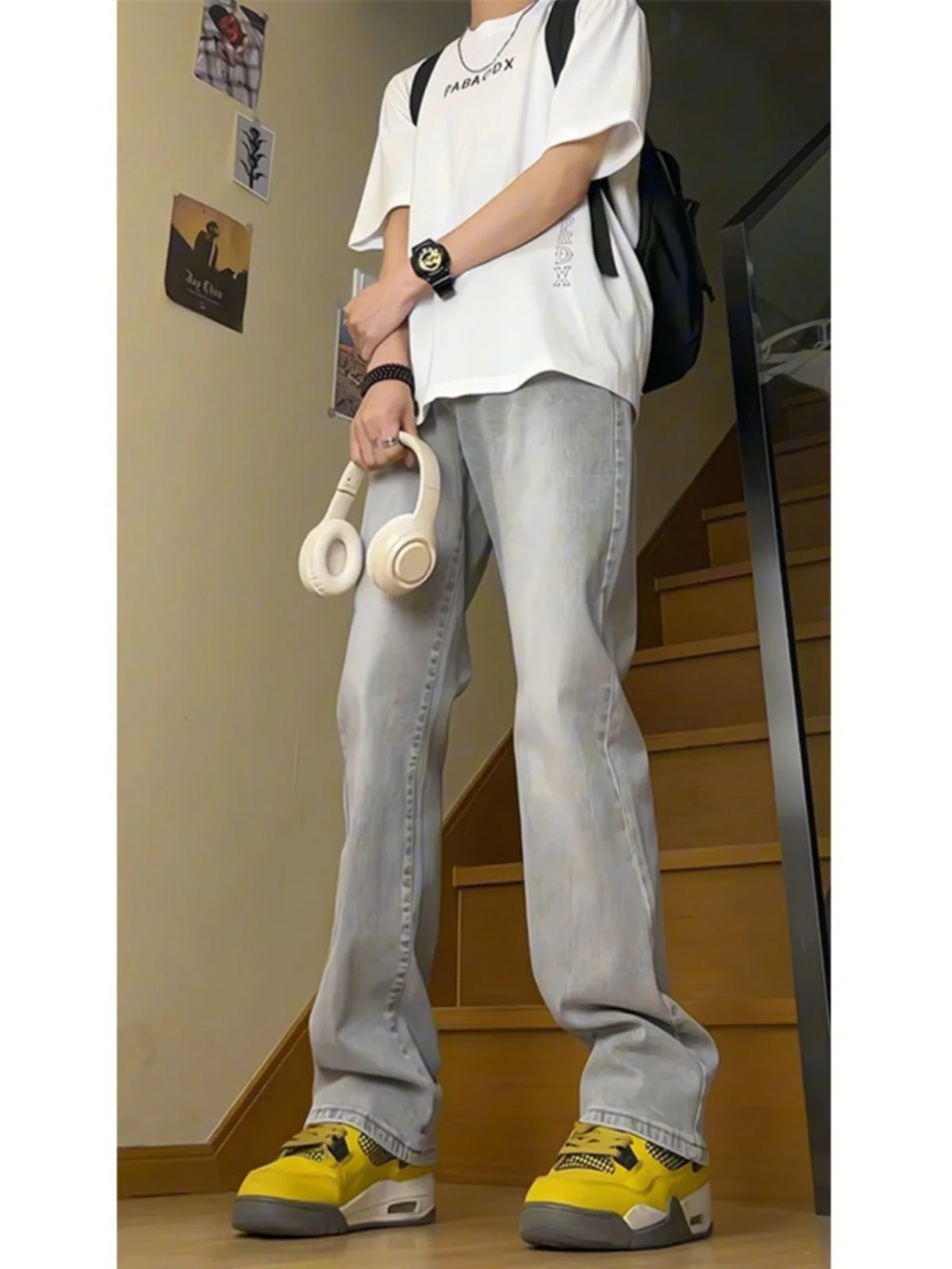 

Мужские джинсы Slim Fit Straight Leg из денима, модные, в стиле High Street, с эффектом расклешенных штанин, молодежные, стильные