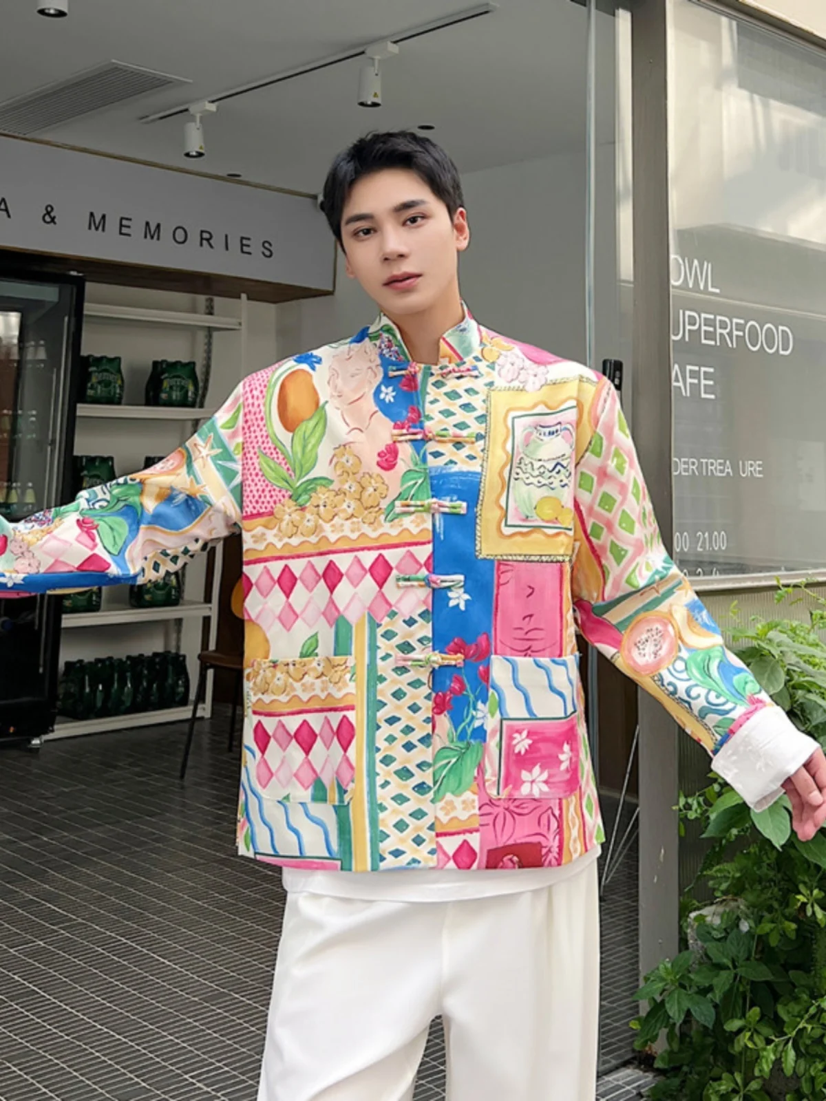 

Мужская повседневная куртка на пуговицах с воротником-стойкой, с цветочным узором, в национальном стиле, свободного кроя, для ранней весны