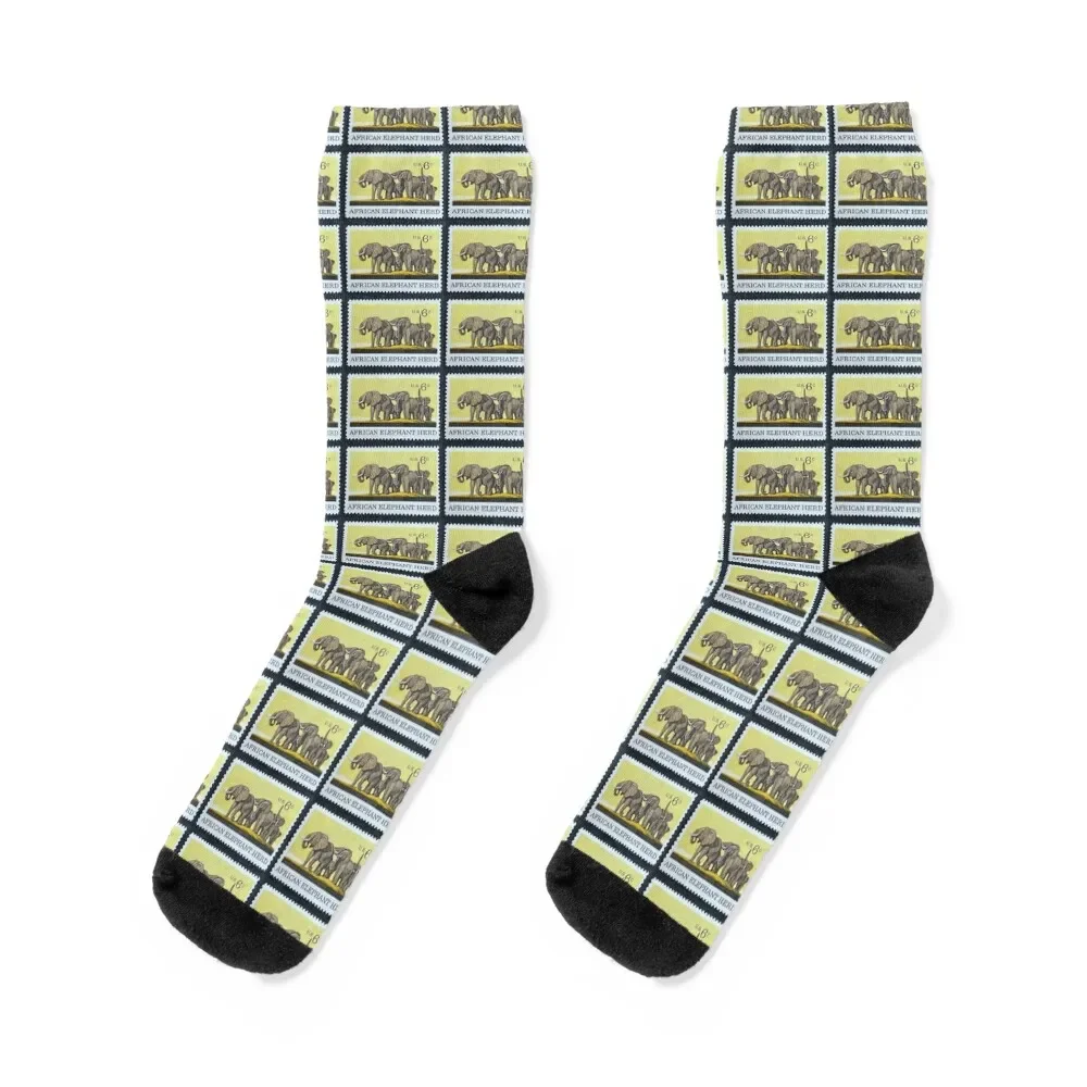 

African Elephant Herd Vintage Postage Stamp Socks custom sports crazy Socks For Man Women's