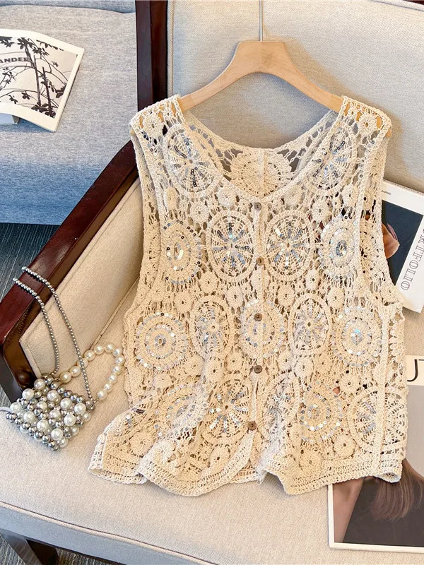 Retro Lace Hook Embroidered Sleeveless Open Cardigan Vest Women Summer V-neck Slimming Trendy Top Cotton 100% No Sleeve
