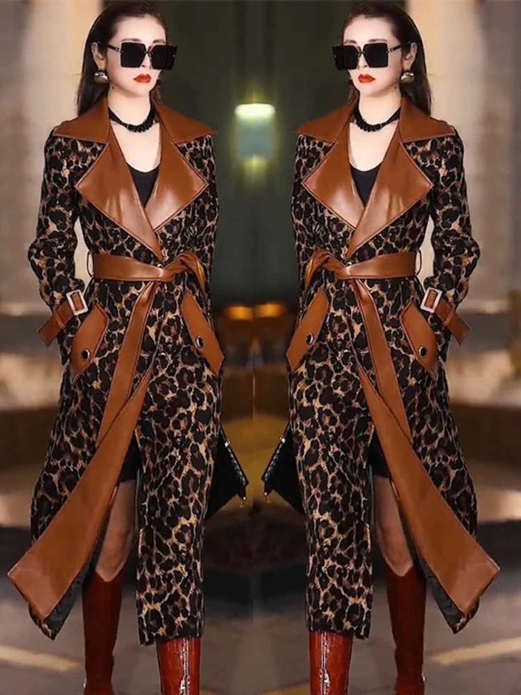 Fashionable high-end temperament light luxury leopard print belt windbreaker coat for women in 2025 spring autumn new large