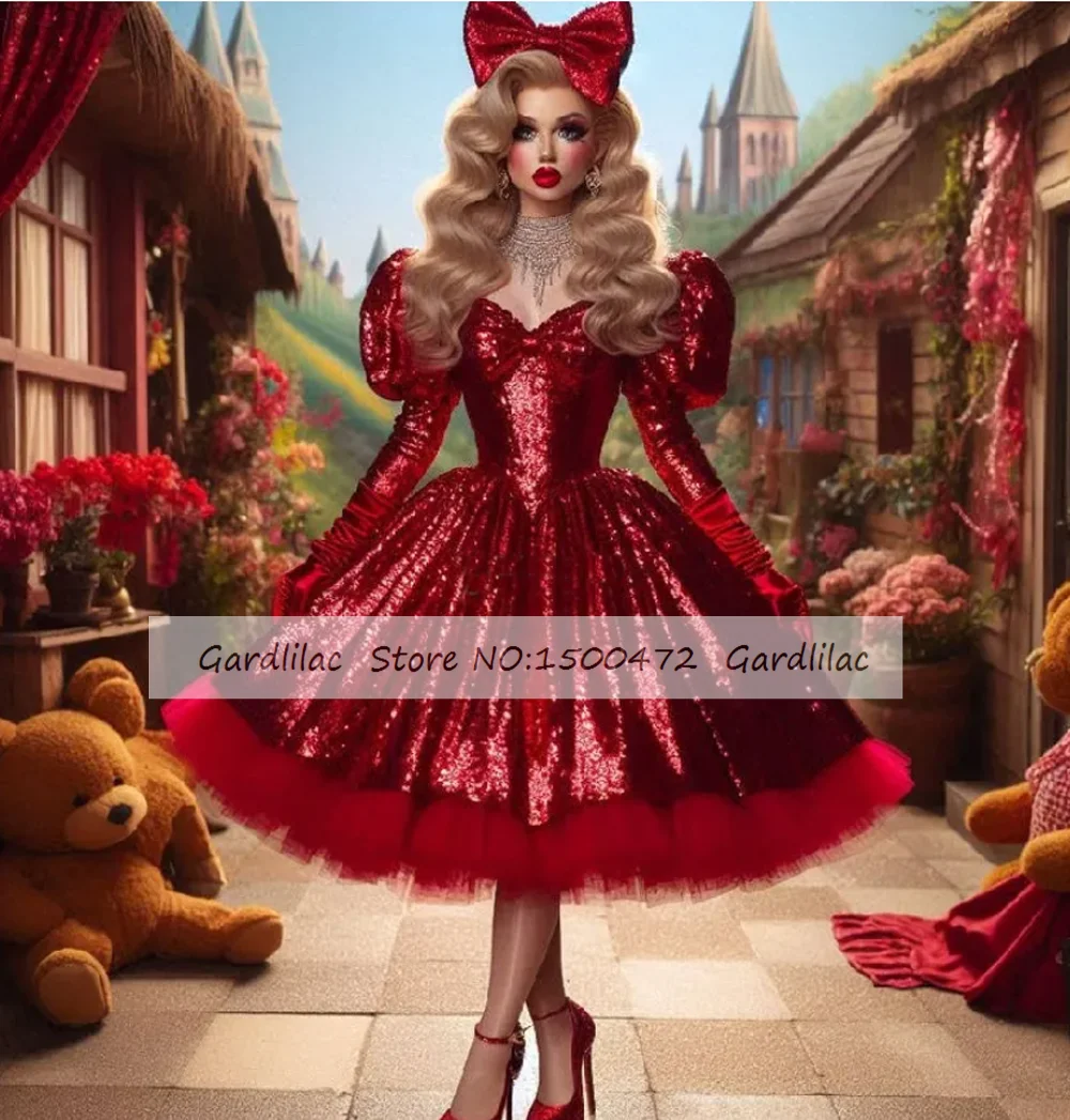 

V Neck Shine Sequin Red Prom Dresses Tea Length Graduation Homecoming Ladies Cocktail Cosplay Party Dresses Wear 2025 New