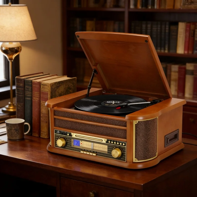 Tocadiscos de Vinilo Vintage con Bluetooth, Altavoz Estéreo, Reproductor de CD y Casete, Radio AM/FM, Grabador USB