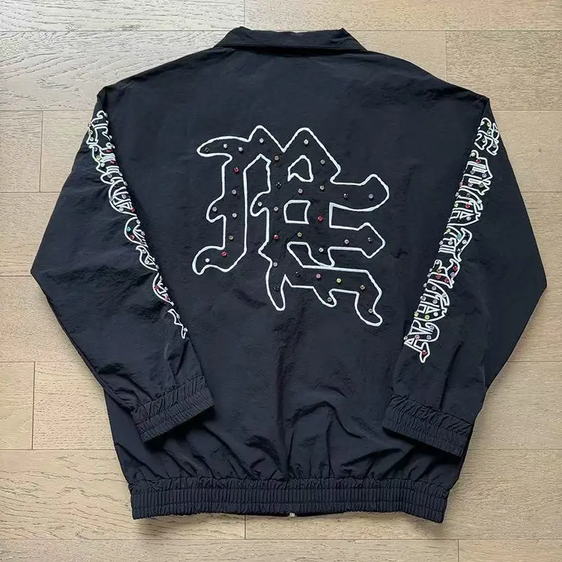 Mixed Emotion High Street Hip Hop Beaded Embroidered Letter Jacket - Men's and Women's Casual Loose Fit Zipper Coat view 2