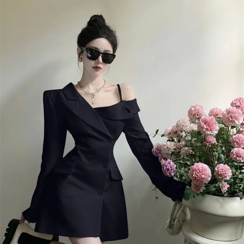 Chic coreano Fashion Dress donna elegante temperamento abiti con spalle scoperte primavera 2023 irregolare Slim Button Up Blazer Dress 2023