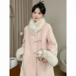 Temperament New Chinese Sweet Woolen Coat Women Fur Collar Splicing Single Breasted Gentle Warm Winter Fashion Female Jackets