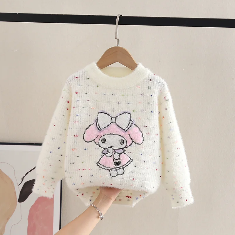 Kawaii 2024 New My Melody Kids Thicken Knit Plush Sweater Pullover Sanrio Anime Girls Clothes Cute Autumn Long-sleeves Warm Top