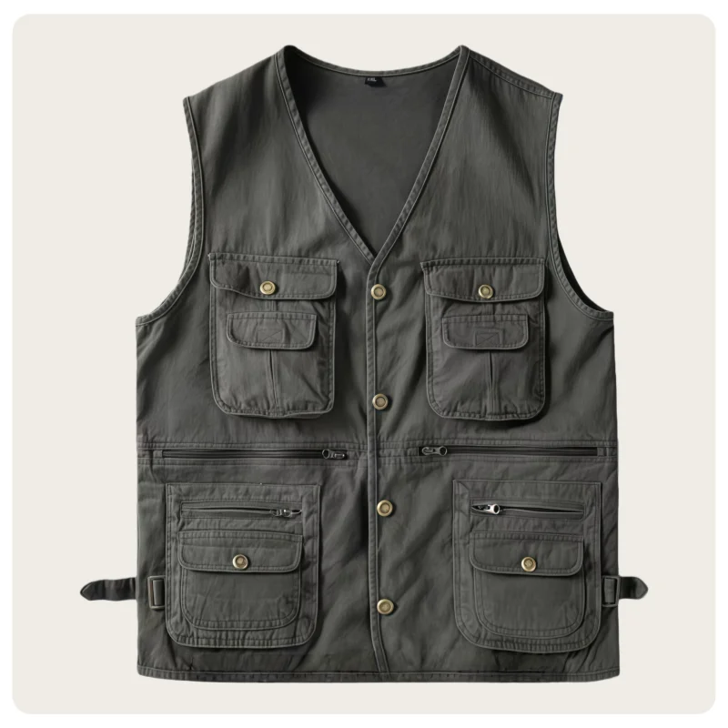 Men's Outdoor Fishing, Camping, and Photography Multi-Pocket Multifunctional Pure Cotton Twill Fabric Snap-Button Vest
