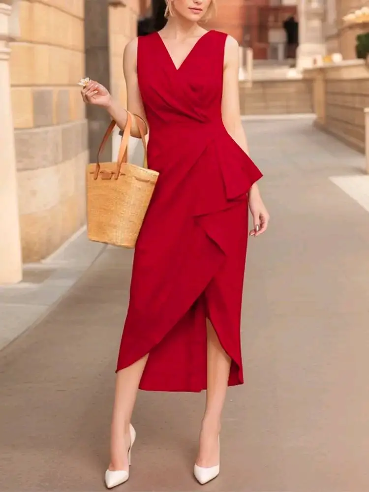 

ZANZEA Summer Sleeveless Party Collect Waist Long Robes Women Asymmetrical Dress Sexy V Neck Midi Dress Irregular Ruffles Dress