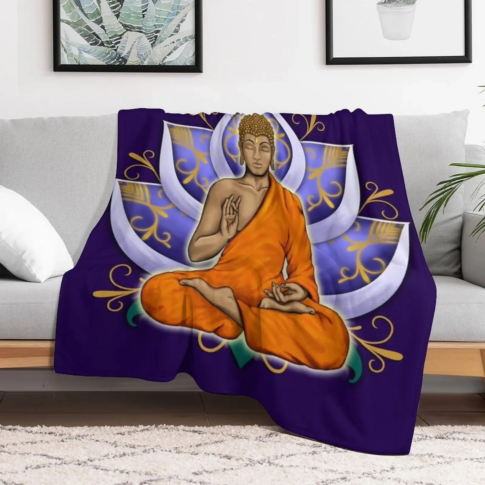 Abhaya Mudra Buddha with Violet Lotus Flower Throw Blanket for winter Soft Luxury Designer Multi-Purpose Blankets